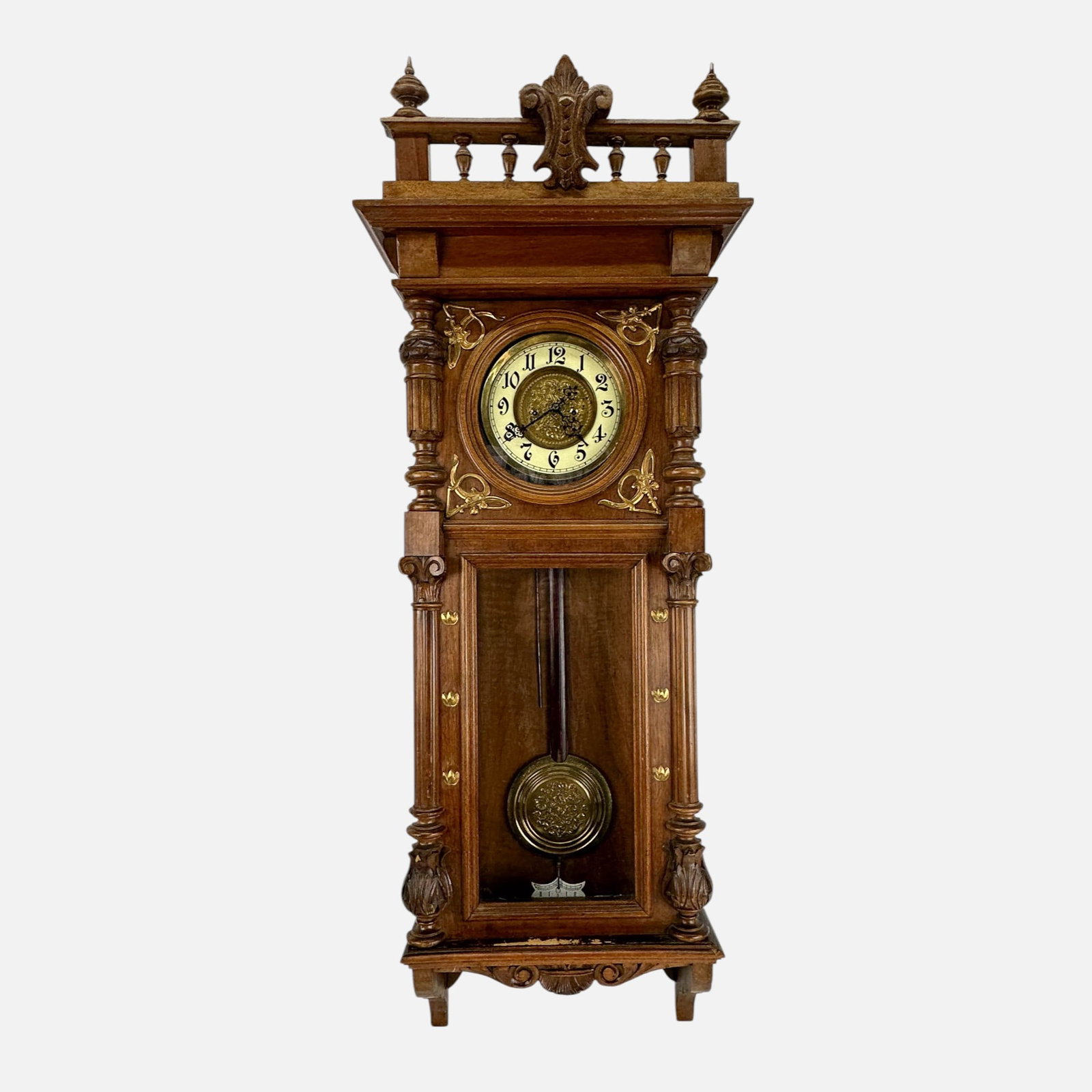 Fantastic Gustav Becker European Carved Walnut Pendulum Clock w/Gilt Ormolu Mounts: With fancy embossed dial, pendulum, and weights. Key included.