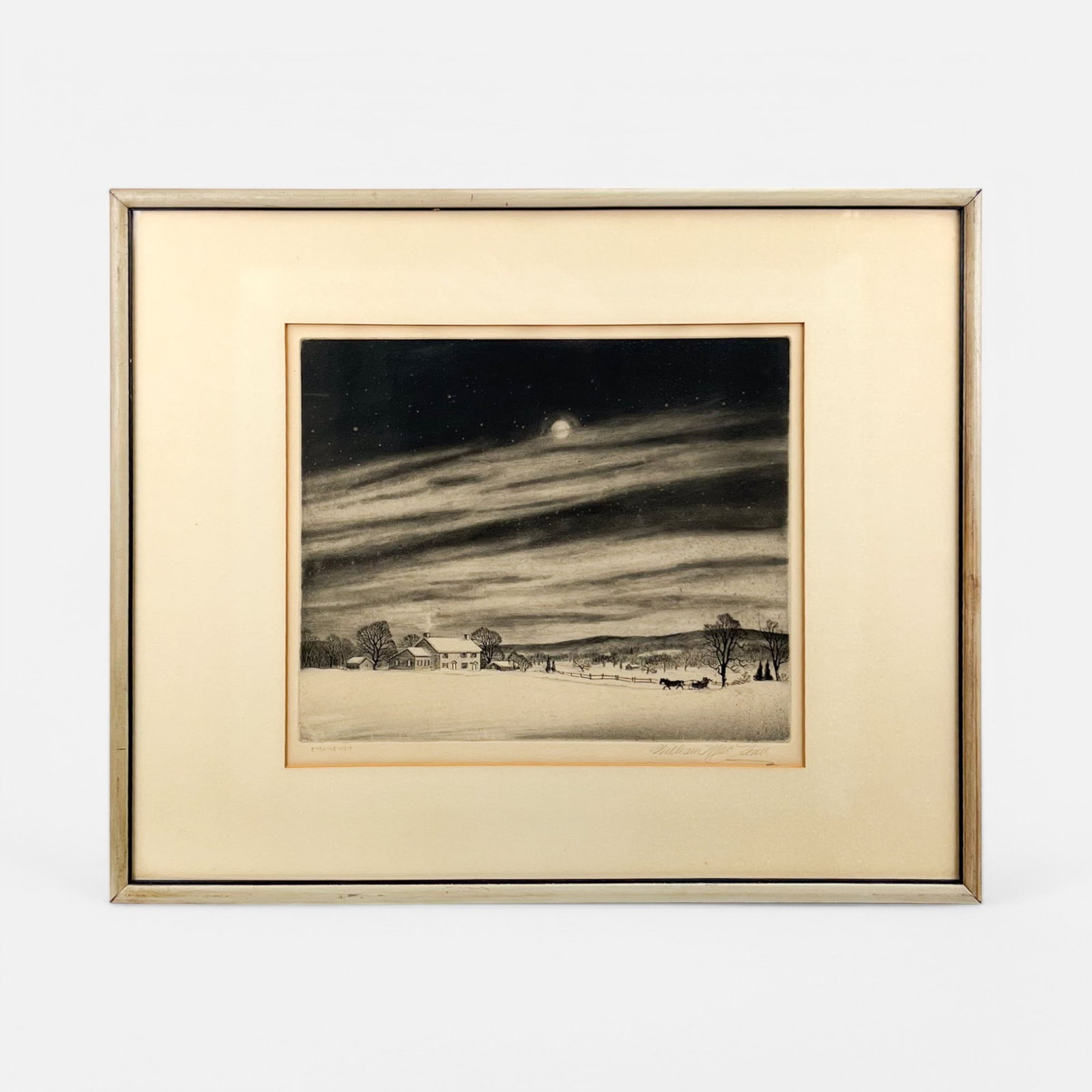 William MacLean "The Evening Visit" Etching Framed Print: Pencil signed and titled as shown. With an Associated American Artists sticker to reverse. Framed, matted, and sealed. Very good sight condition. Unexamined out of frame. Approx. sight size 10 1/2" x 