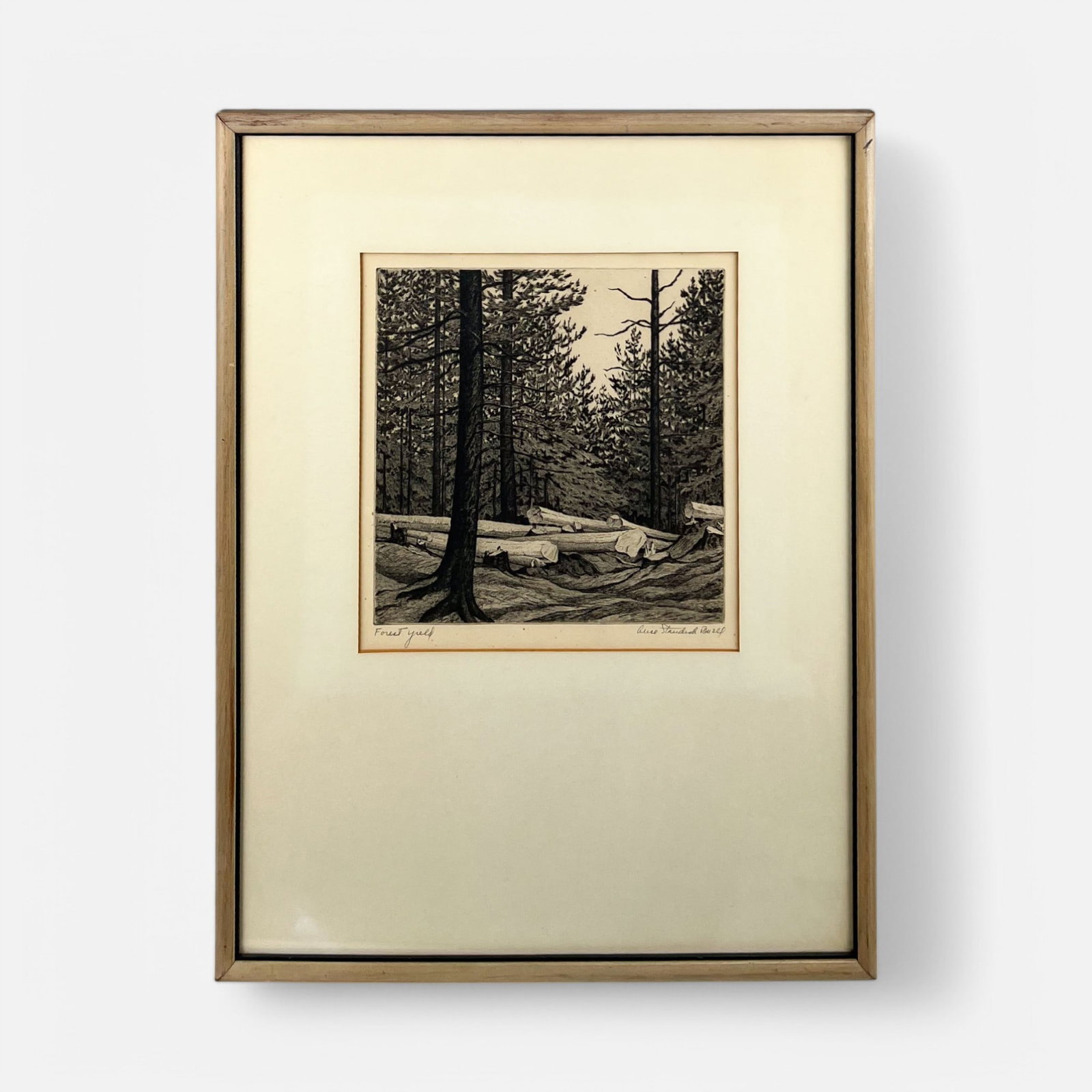 Alice Standish Buell "Forest Yield" Etching Framed Print: Pencil signed and titled as shown. With an Associated American Artists sticker to reverse. Framed, matted, and sealed. Very good sight condition. Unexamined out of frame. Approx. sight size 8 1/2" x 8