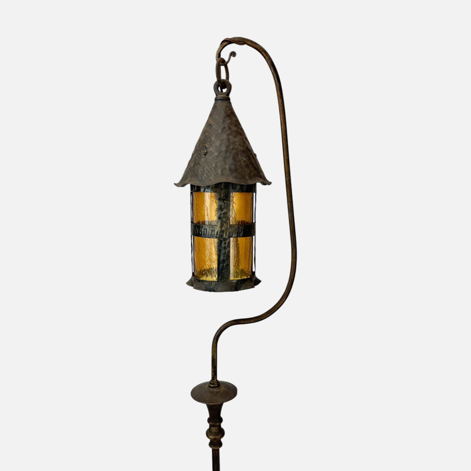 1920s Spanish Revival Mission Style Wrought Iron and Amber Glass Lantern Floor Lamp: Ca. first half 20thC. Excellent original condition. Free from any breaks or repairs. Tested and in working condition. However, we still recommend having a qualified technician look this lamp over befo