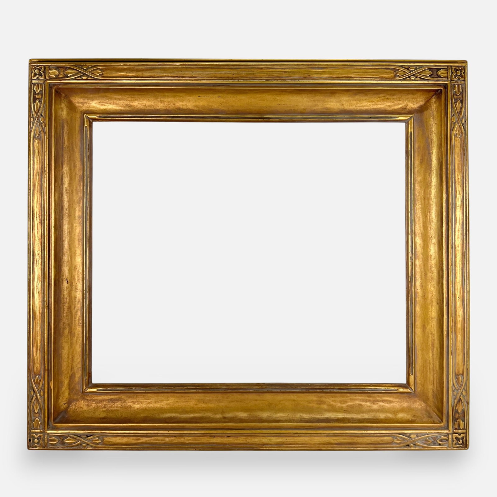 American Arts & Crafts Style Gilt Wood Picture Painting Frame: Ca. last quarter 20thC. Approx. rabbet size 20 1/4" x 24 1/4". Good overall with minor surface scuffs and scratches, shown discoloration to corner decoration.