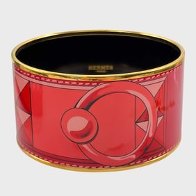 Hermes Collier de Chien Printed Enamel Extra Wide Bangle Bracelet 65 Gold Hardware