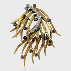 Fine 14k White & Yellow Gold Amethyst Emerald Sapphire Ruby Garnet Diamond Spray  Brooch Pin