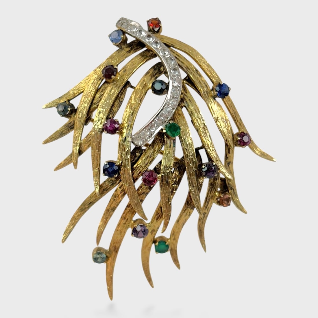 Fine 14k White & Yellow Gold Amethyst Emerald Sapphire Ruby Garnet Diamond Spray  Brooch Pin (1 of 4)