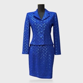 St. John Couture by Marie Gray Size 2 Blue Sequin Knit Skirt Suit