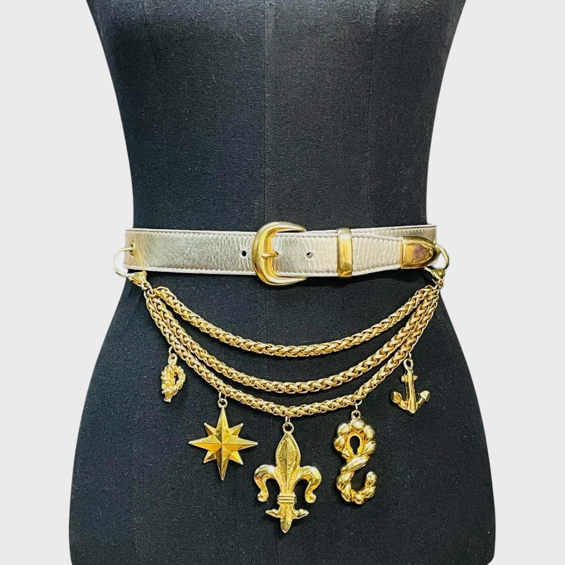 Vintage Escada Western Germany Gold Leather Chain Belt: w/ Gold-Tone Buckle, Tipped Ends, Multi-Layered Chain Detail, And Assorted Charms. We do not provide in-house shipping! We have a partnership with our local UPS Store which offers a simple pack and sh