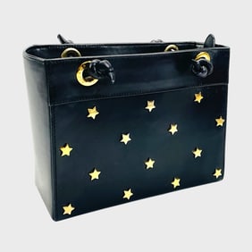 Vintage Escada Black Leather Shoulder Bag: Black Leather Exterior w/ Gold-Tone Star Studs, Dual
