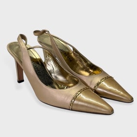 St. John Size 7B Sara 85 Slingback Pumps: Gold Leather Upper With Patent Leather Cap Toe, Gold Chain