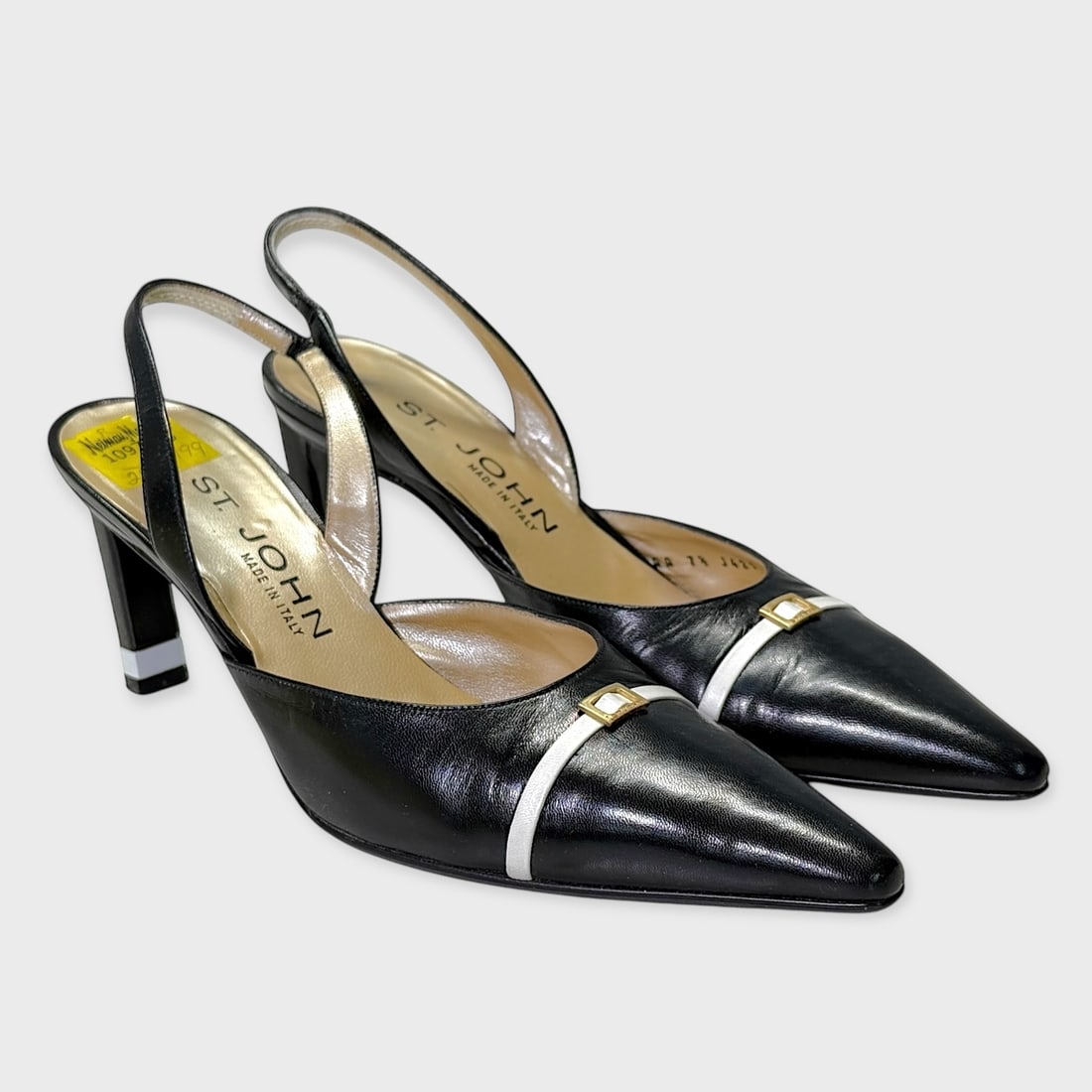 St. John Size 7.5 Black And White Slingback Heels: Black Leather Exterior w/ White Trim, Gold-Tone (1 of 7)