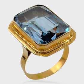 Fine 18K Yellow Gold Collet Set Blue Topaz Gemstone Cocktail  Ring Size 7.75