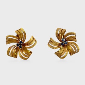 Fine Italian 18K Yellow Gold & Cornflower Blue Sapphire Flower Clip Earrings