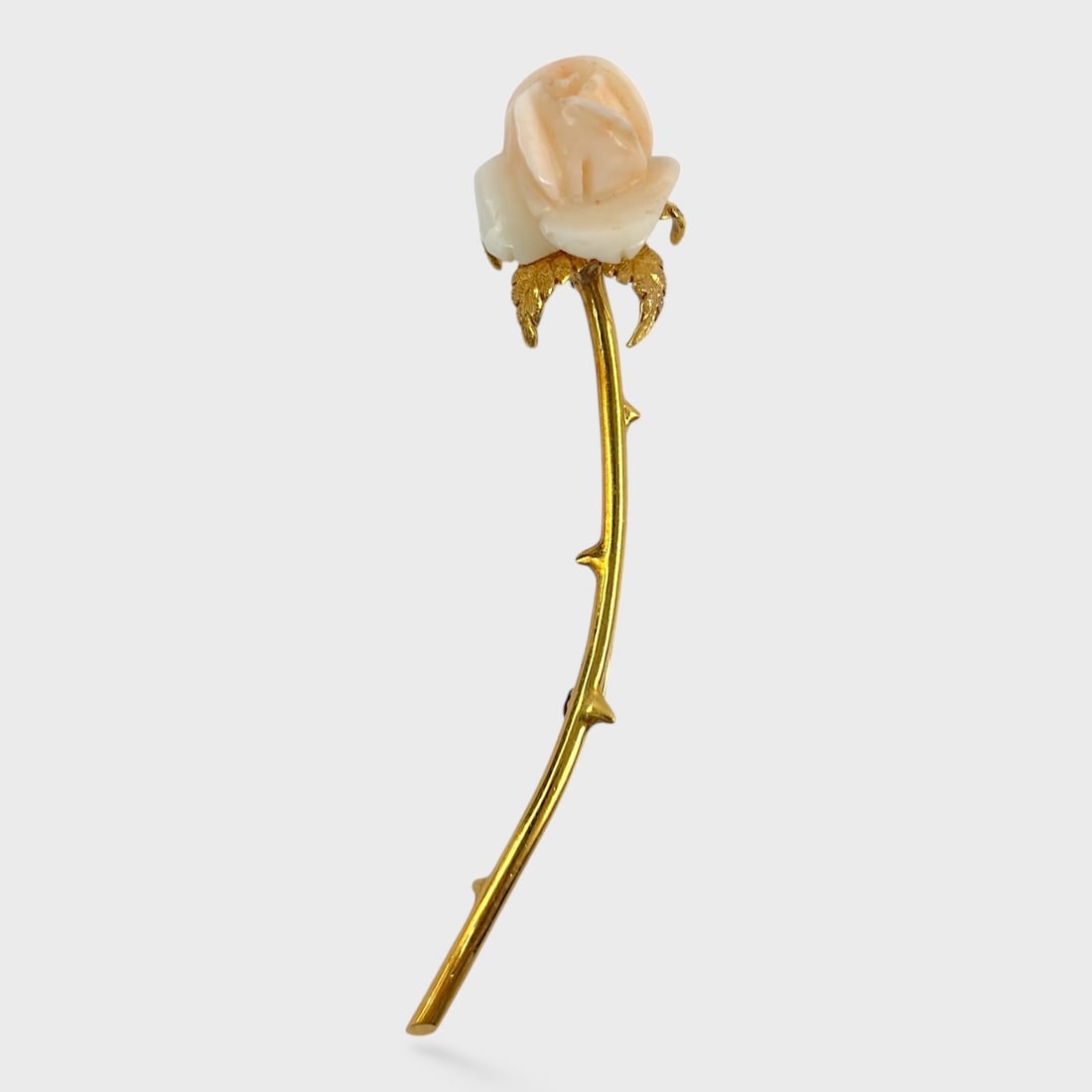 Fine Cellino Italian 18K Yellow Gold Carved Coral Rose with Thorns Brooch Pin: Good condition. No chips or cracks with in the coral. Weighs approx. 12 grams. Measures approx. 3 1/2" x 3/4" We do not provide in-house shipping! We have a partnership with our local UPS Store which 