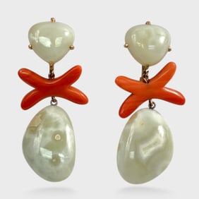 Fine 18K Rose  Gold Hard Stone & Red Coral Screw Back Drop Dangle Earrings