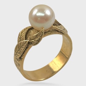 Fine 14K Yellow Gold 7.75 mm Cultured Pearl Band Ring Size 6.5