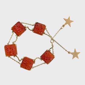 Fine 14K Yellow Gold Carved & Pierced Carnelian Link Bracelet w/ Star Charms 7.5 Inches Long