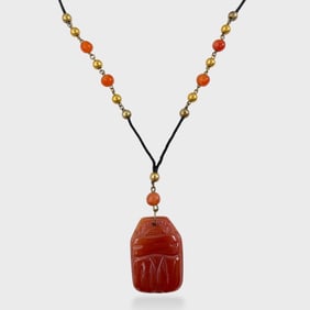 Fine Carved Carnelian Egyptian Revival Scarab Pendant  Necklace 19.5 Inch