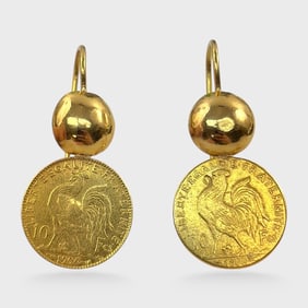 Fine  French 10 Francs .90%  Rooster Gold Coin Post 22K Pierced Drop Dangle Earrings