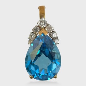 Fine 14K Yellow Gold Blue Teardrop Topaz & Diamond Pendant