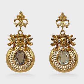 Fine 18K Yellow Gold Gemstone Cherub Pierced Drop Dangle Earrings