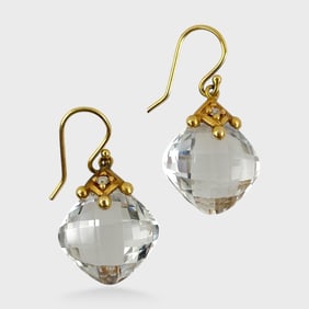 Fine 14K Gold  Diamond & Faceted Quartz  Drop Dangle Pierced Earrings