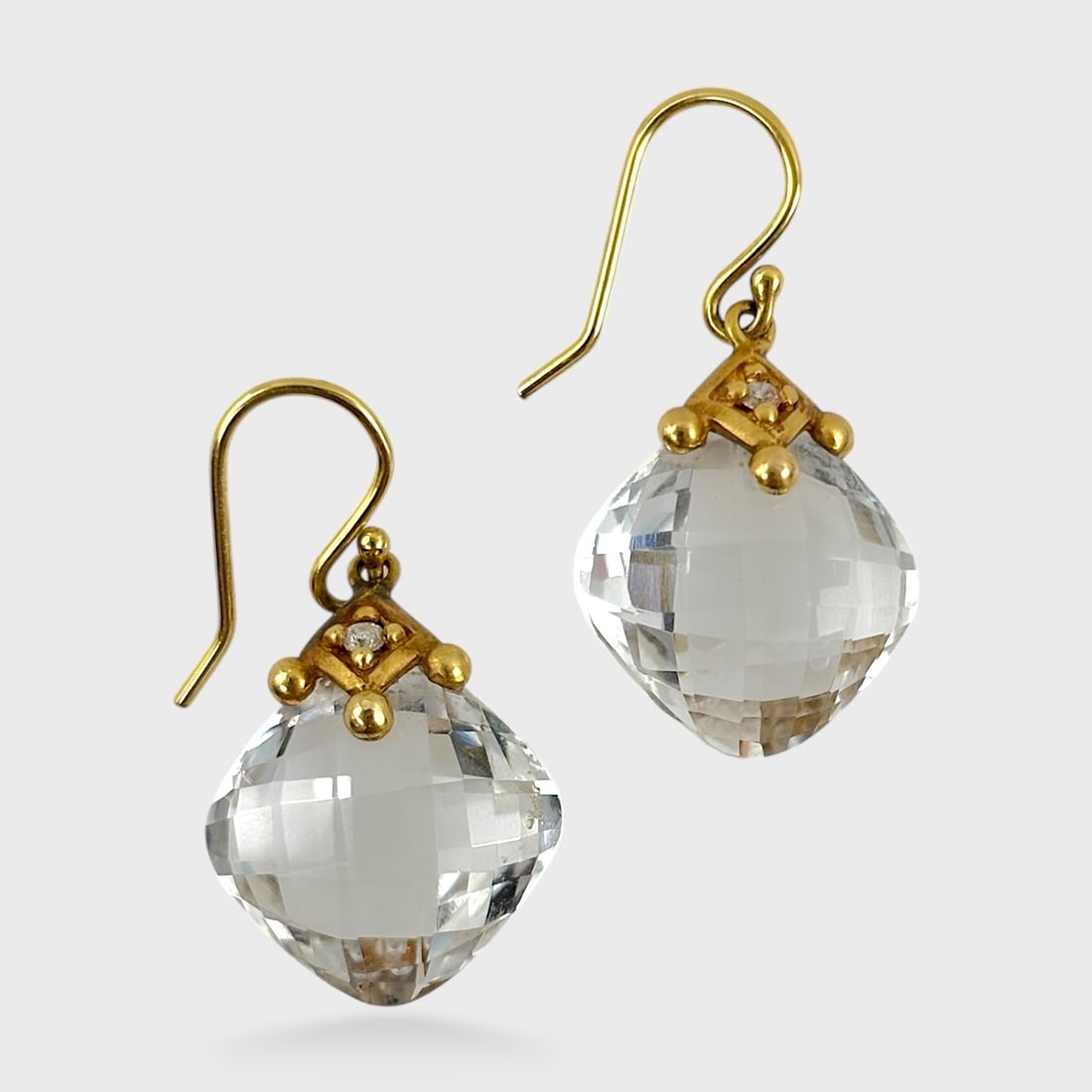 Fine 14K Gold  Diamond & Faceted Quartz  Drop Dangle Pierced Earrings (1 of 2)