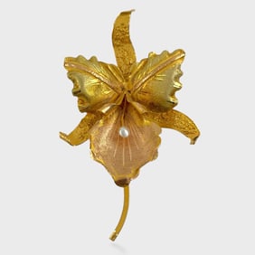 Fine 18K Yellow & Rose Gold  Pearl Orchid Flower Brooch Pin