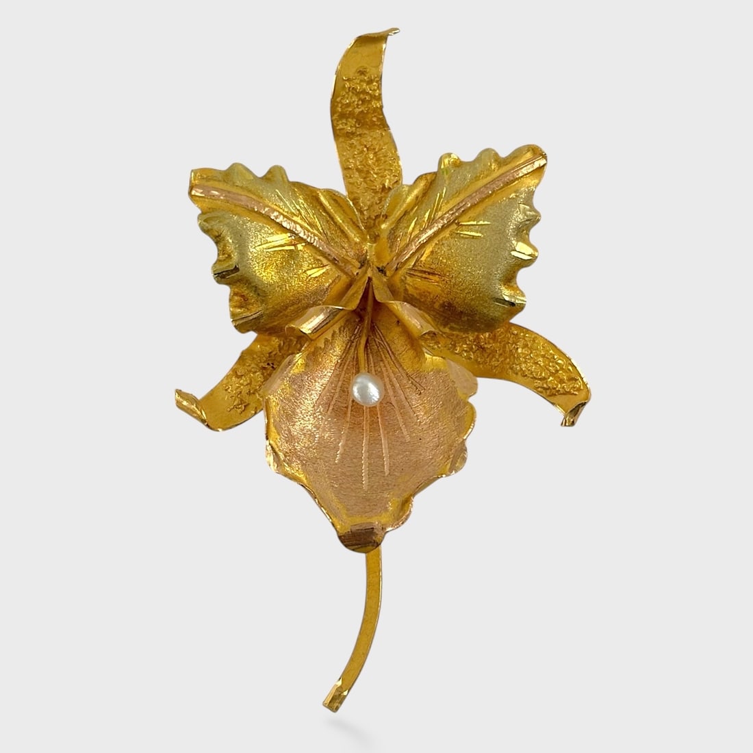 Fine 18K Yellow & Rose Gold Pearl Orchid Flower Brooch Pin: Weighs approx. 13 grams. Measures approx. 2 7/8" x 1 7/8" We do not provide in-house shipping! We have a partnership with our local UPS Store which offers a simple pack and ship process, please see co
