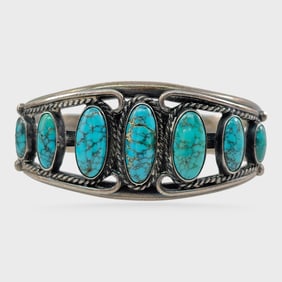 Fine Signed FP Frank  Peshlakai Native American Navajo Pawn Silver & Turquoise Cuff Bracelet