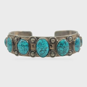 Fine Signed FP Frank Peshlakai Native American Navajo Pawn Silver Turquoise Stampwork Cuff Bracelet