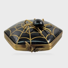 Fine Petit Main Limoges Black Spider On Gilt Painted  Web Trinket Box