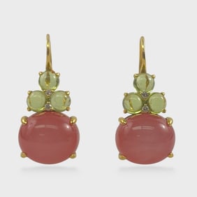 Fine Italian Vade Roma 18k Yellow Gold Diamond Peridot Chalcedony Drop Dangle Pierced Earrings