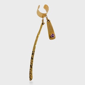 Fine 14K Yellow Gold Amethyst Feather Drop Dangle Modernist Ear Cuff