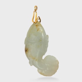 Antique Chinese Carved Celadon Jade Figural Fish Pendant 14k Yellow Gold Hook Bail