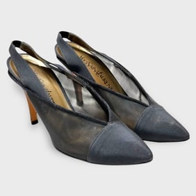 Yves Saint Laurent YSL Size 7.5M Slingback Heels: Black Mesh And Fabric Pointed-Toe Design w/ Gold