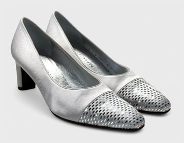 St. John 7.5B Nicole Pumps: Silver Satin Exterior With Metallic Textured Cap Toe, Leather Lining,