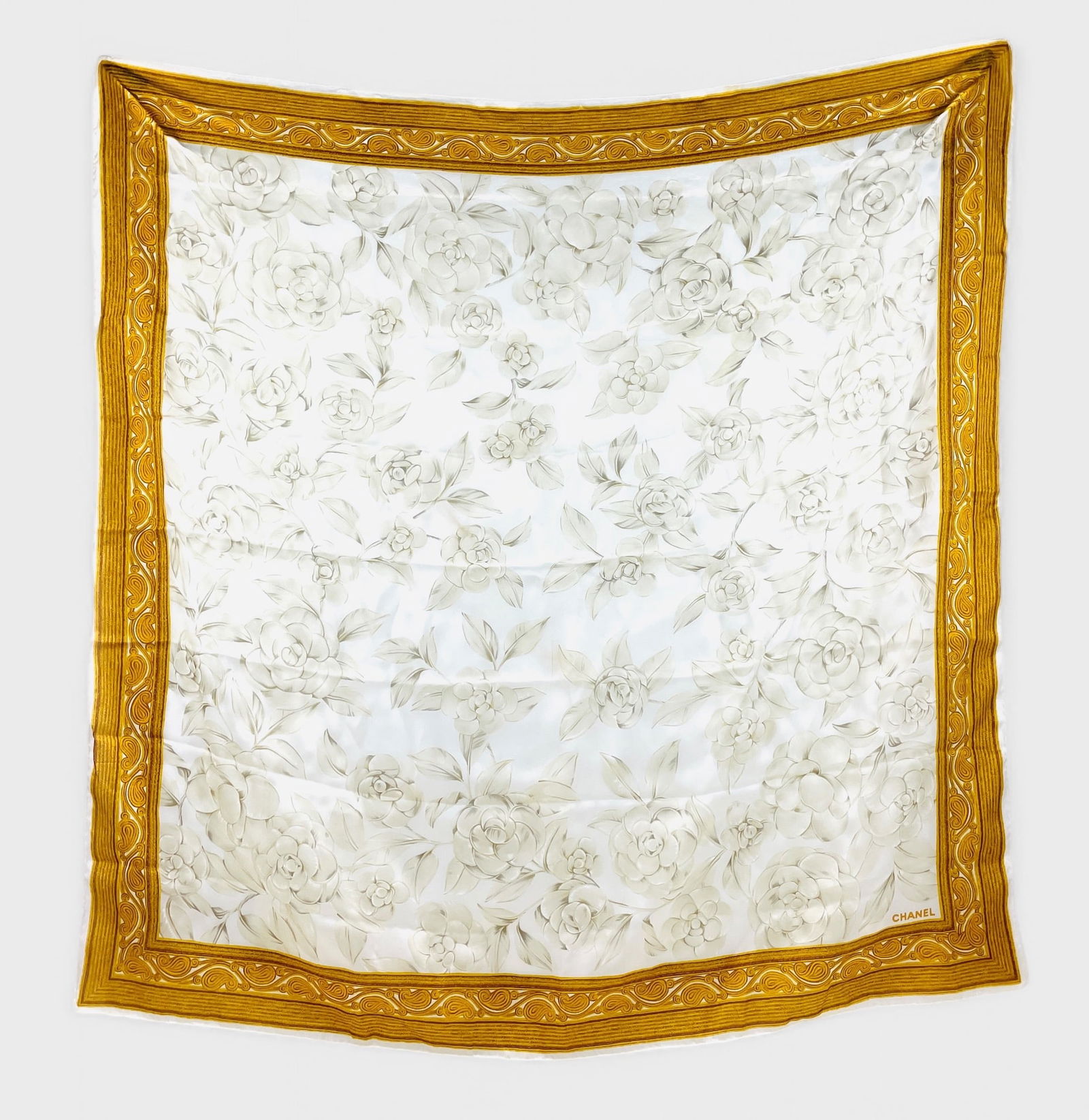 Chanel Silk Scarf w/ Beige Floral Print, Gold Ornate Border, Including Box (1 of 4)