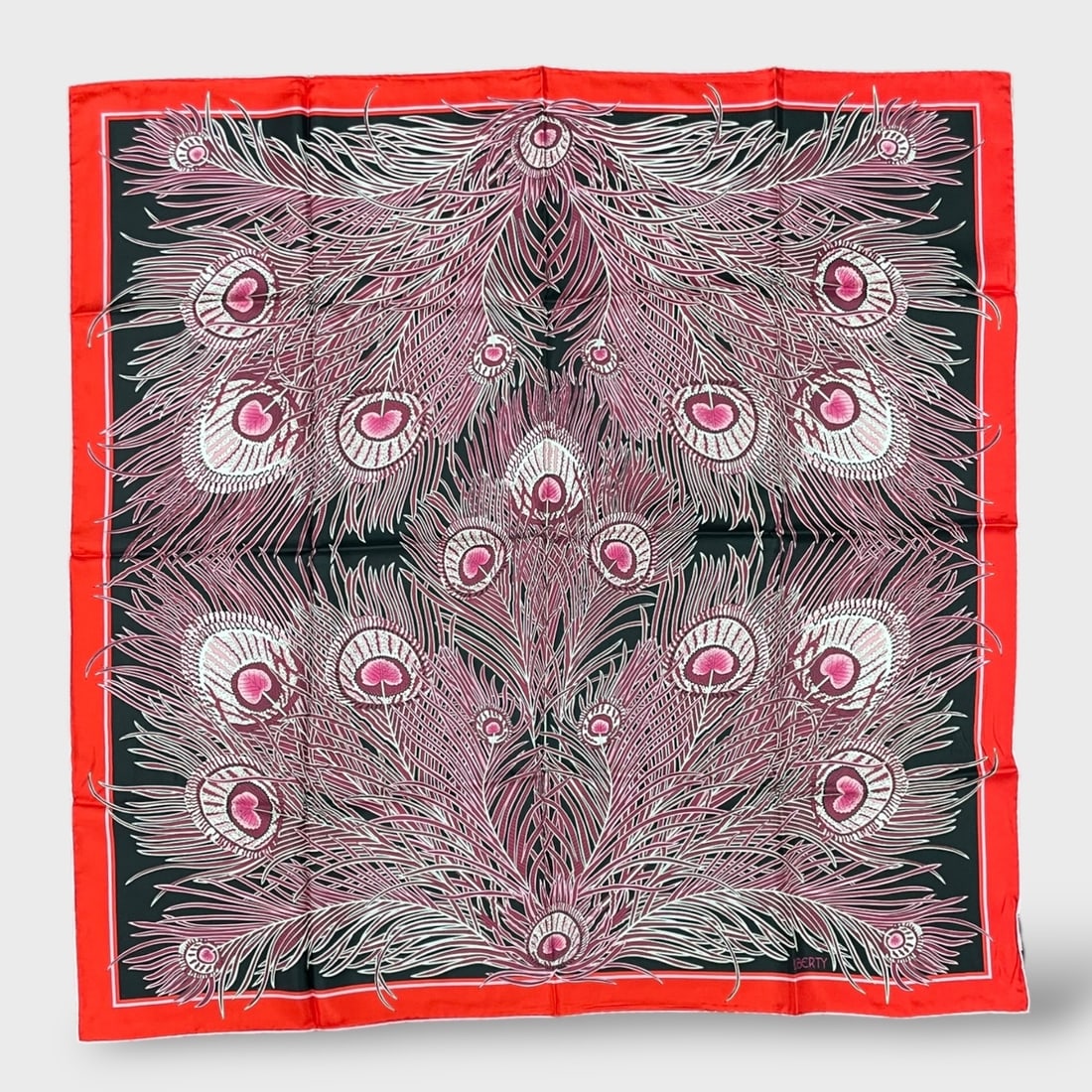 Liberty Silk Scarf Including Box w/ Black, Red, And Pink Peacock Feather Design NIB (1 of 5)