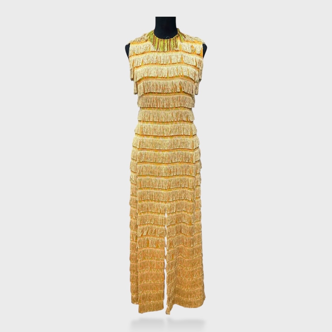 Vintage Mona Of Tokyo One Size Orange And Gold Fringe Evening Dress With Sleeveless Design, High: Measurements taken flat. Shoulders 14 Waist 23.5 Length 56 We do not provide in-house shipping! We have a partnership with our local UPS Store which offers a simple pack and ship process, please see c