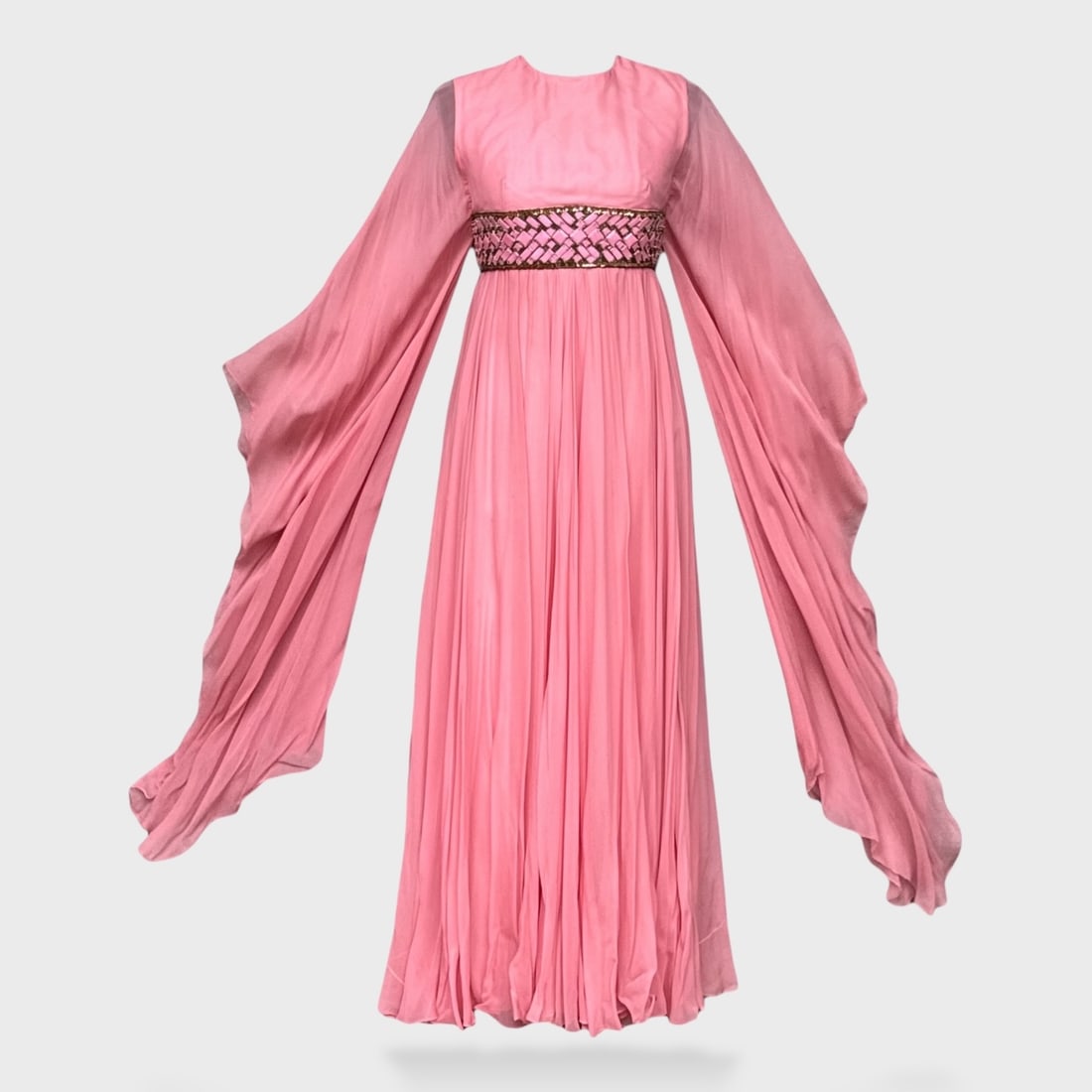 Vintage Pink Silk Chiffon Maxi Dress With Gold Beaded Empire Waist, Flowing Sheer Sleeves, And Back: Measurements taken flat. Shoulders 16. Waist 23.5 Length 57 We do not provide in-house shipping! We have a partnership with our local UPS Store which offers a simple pack and ship process, please see