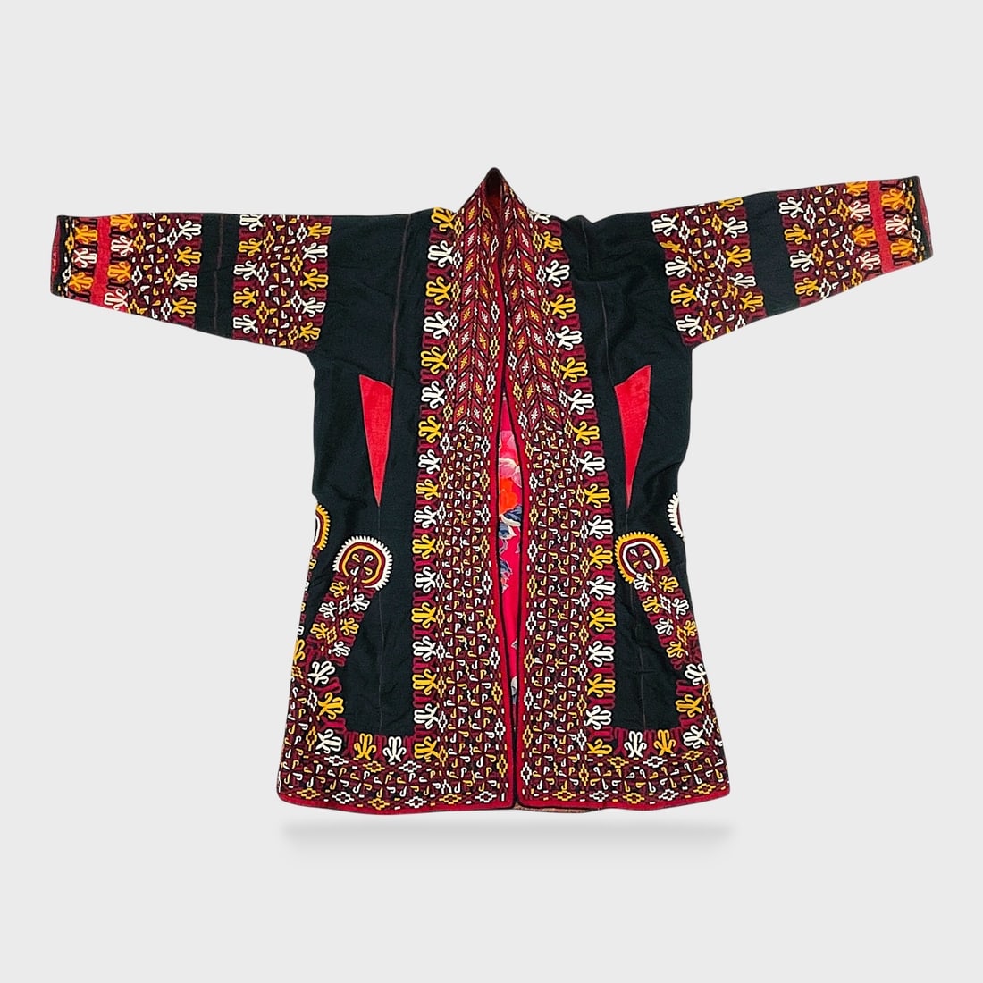 Vintage Tribal Embroidered Long Jacket Coat w/ Floral Lining Size M (1 of 4)