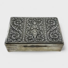 Fine Thai Sterling Silver Embossed Buddha Vanity Hinged Top Box Burl Wood Inset