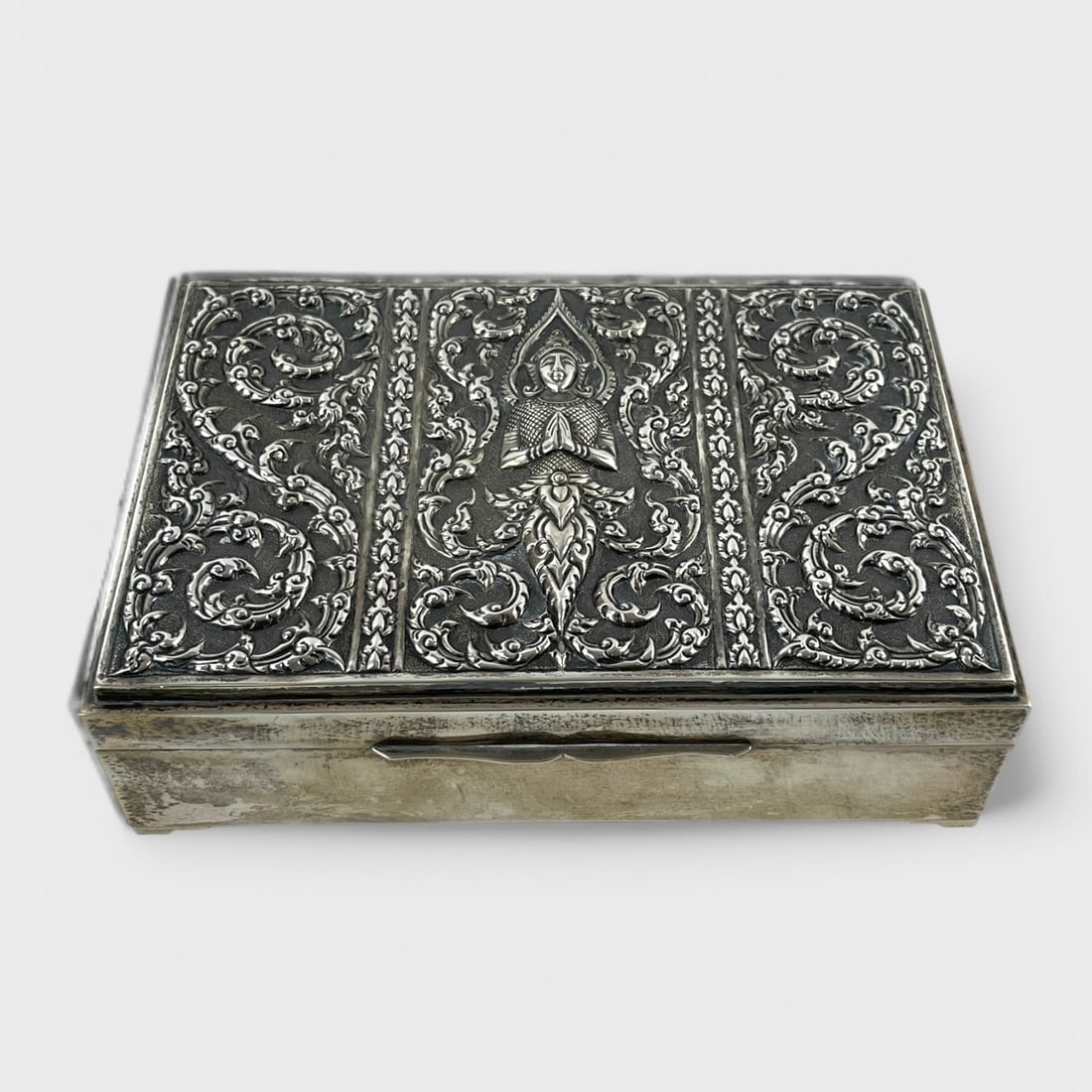 Fine Thai Sterling Silver Embossed Buddha Vanity Hinged Top Box Burl Wood Inset (1 of 7)