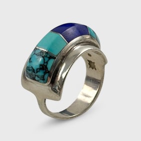 Ben Nighthorse Sterling Silver Turquoise & Lapis Lazuli Chanel Set Navajo Ring Sz 9
