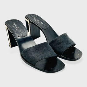 Gucci Black Monogram Mules: Canvas Upper w/ Gold Trimmed Block Heel, Open Toe, And Square Sole.Size