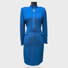 Vintage St. John Collection Size 6 Blue Knit Dress With Gold Zip Front, Long Sleeves, Waist Flap