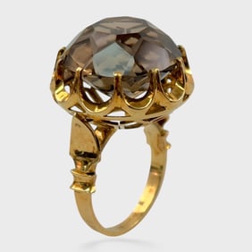 Fine 18K Yellow Gold Smoky Quartz Gemstone Cocktail Ring Size 6.5