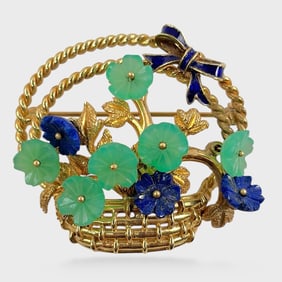 Fine 14K Yellow Gold Lapiz Lazuli & Chrysoprase Gemstone Flower Basket Brooch Pin