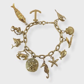 Fine 14K Yellow Gold Aquatic Sea Life Charm Bracelet 7 3/4" Long