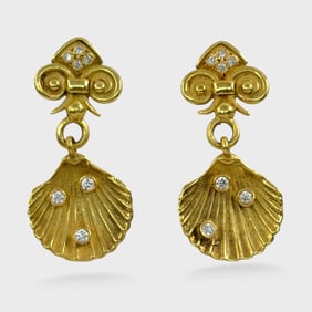 Fine 18K Yellow Gold & Diamond Pierced Seashell Clam Shell Drop Dangle Pierced Earrings