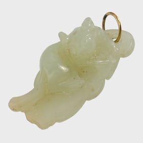 Fine Jade Celadon Green Carved Figural Cat Pendant